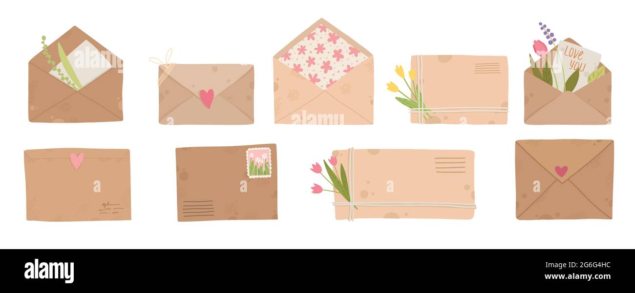 Letters, cards and envelopes. Postcard, paper mail with postmark, wax sealing and postage stamp