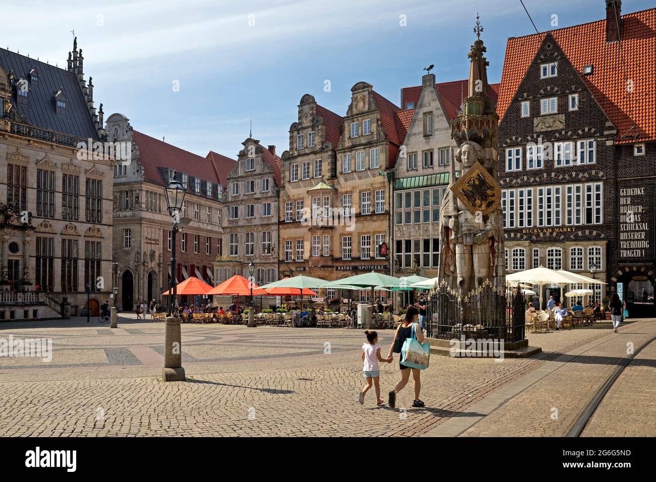 market place with Roland and historic gabled houses in the old town of Bremen, Germany, Bremen Stock Photo