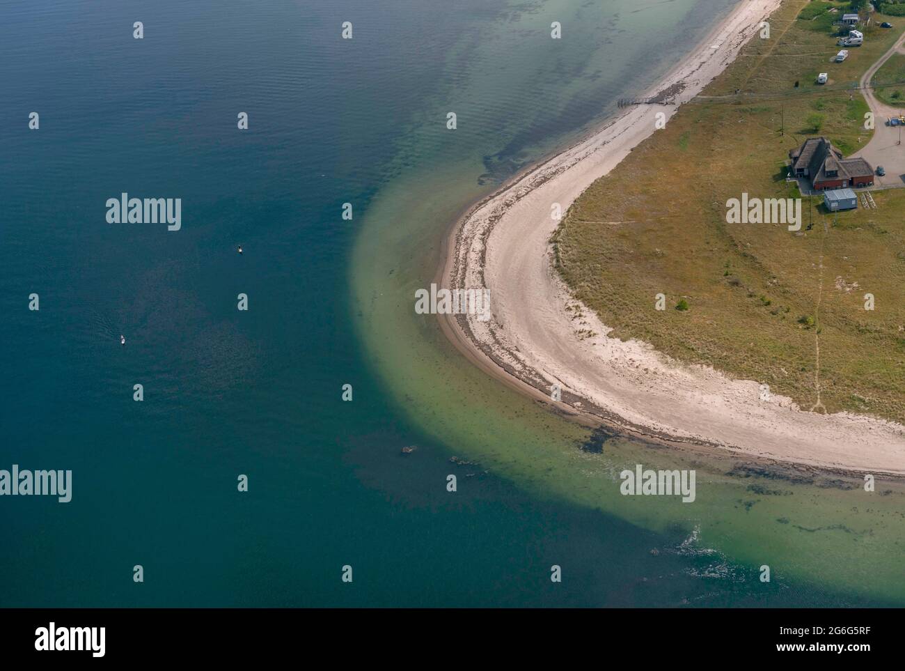 Spit hook and camping site Aschauer Lagune in May, aerial photo, Germany, Schleswig-Holstein, Eckernfoerde, Schlei Stock Photo