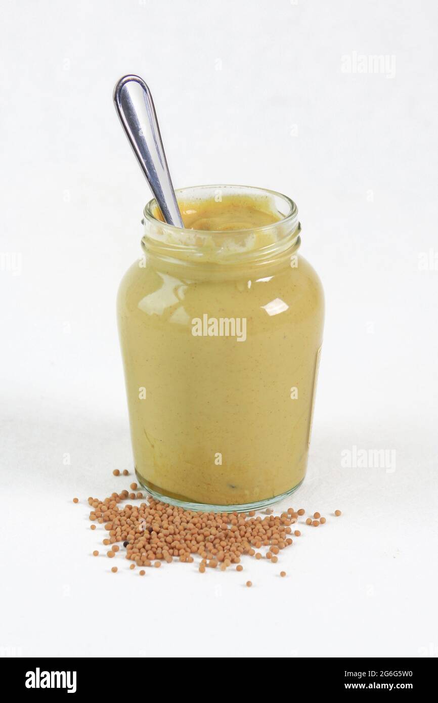 mustard jar, mustard seeds, Dijon mustard Stock Photo Alamy