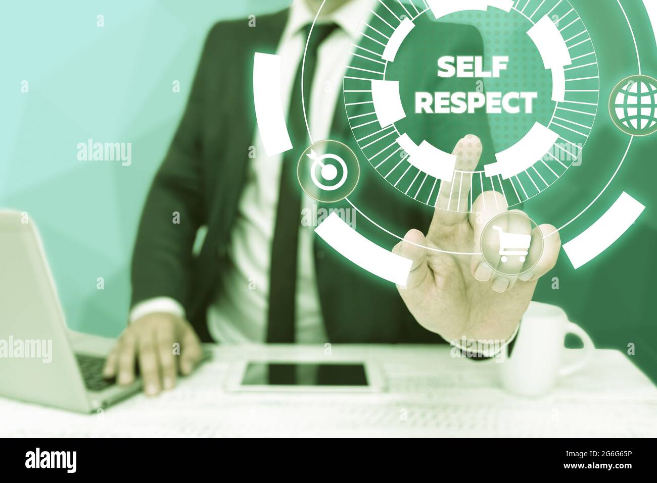 Handwriting text Self Respect. Business concept Pride and confidence in oneself Stand up for yourself Bussiness Man Sitting Desk Laptop And Phone Stock Photo