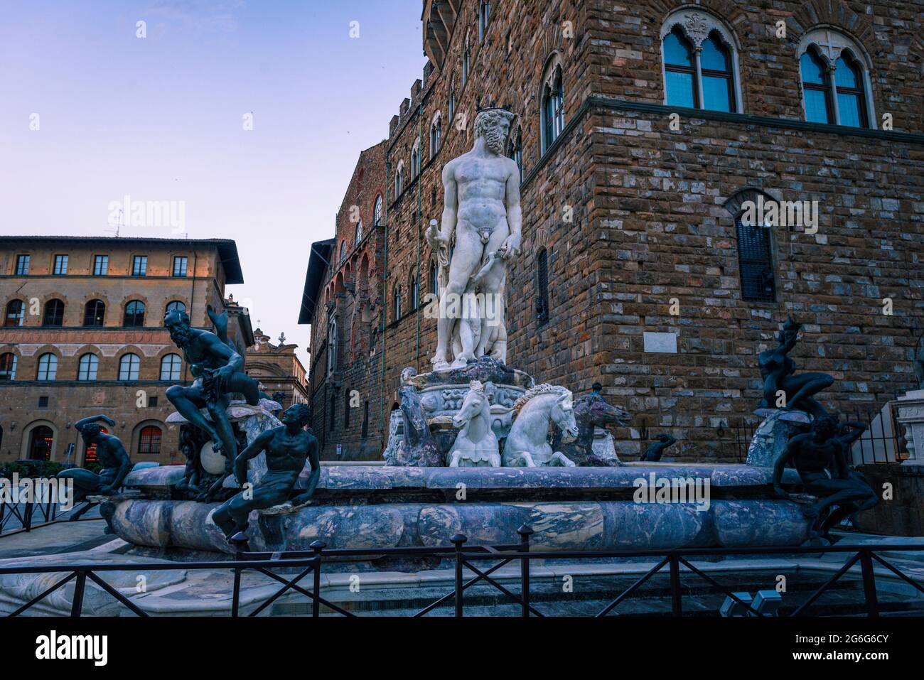 Renaissance sculpture of Neptune. Michelangelo, Fountain of Neptune by Bartolomeo Ammannati at Palazzo Vecchio. Florence, Italy. Stock Photo