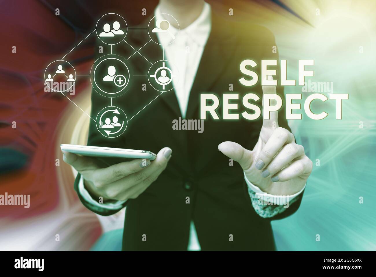 Conceptual display Self Respect. Business overview Pride and confidence in oneself Stand up for yourself Lady In Uniform Holding Phone Pressing Stock Photo