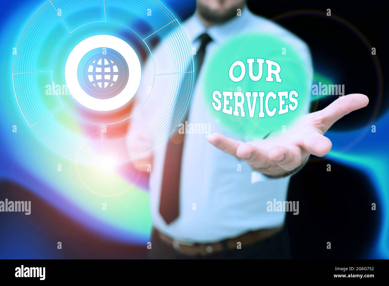 Conceptual caption Our Services. Word Written on The occupation or function of serving Intangible products Gentelman Uniform Standing Holding New Stock Photo