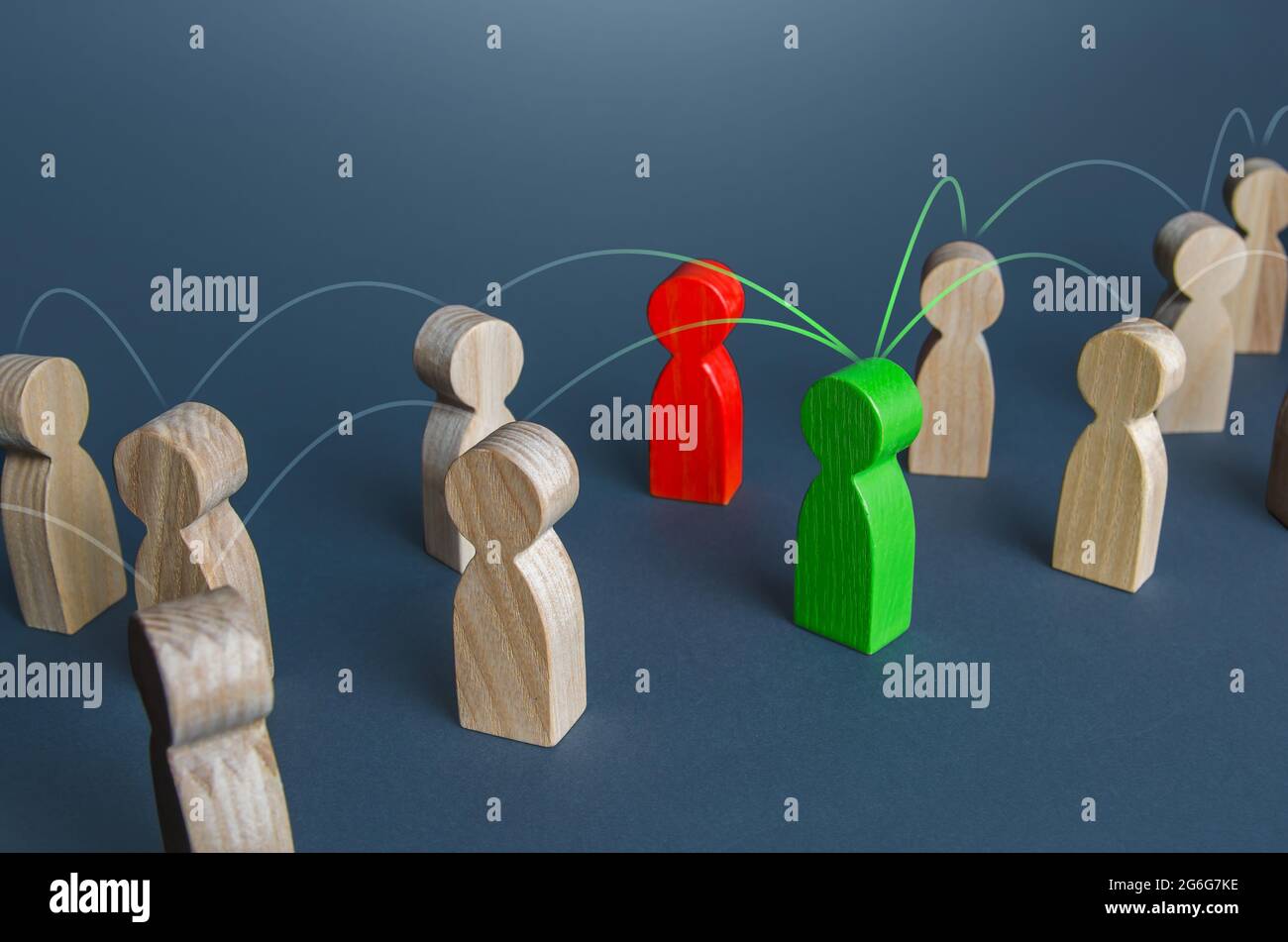 Red and green people in the corporate network. Resolution of issues and conflicts through contact managers. Concept of a reliable cooperating partner Stock Photo