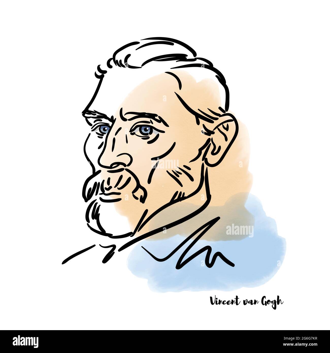 Famous artist Vincent van Gogh vector hand drawn watercolor portrait with ink contours. Dutch post-impressionist painter who is the most famous figure Stock Vector