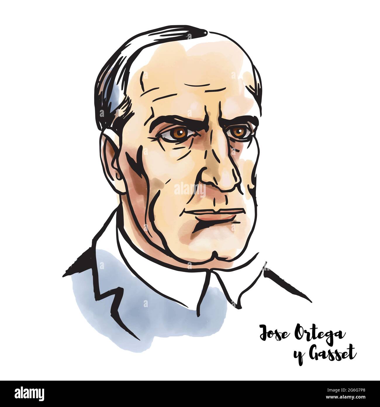 RUSSIA, MOSCOW - June, 01, 2019: Jose Ortega y Gasset watercolor vector portrait with ink contours.  Spanish philosopher and essayist. Stock Vector