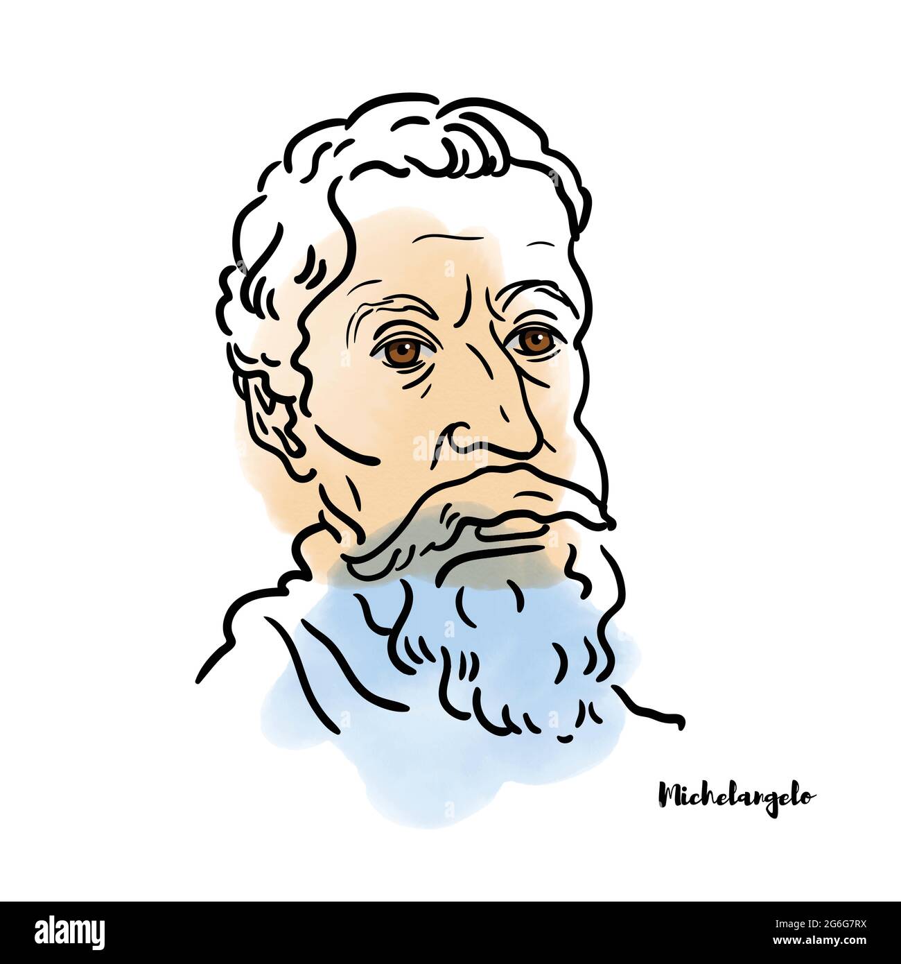 Famous artist Michelangelo vector hand drawn watercolor portrait with ink contours. Italian sculptor, painter, architect and poet of the High Renaissa Stock Vector