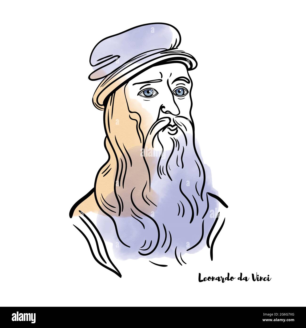 Famous artist Leonardo da Vinci vector hand drawn watercolor portrait with ink contours. Stock Vector