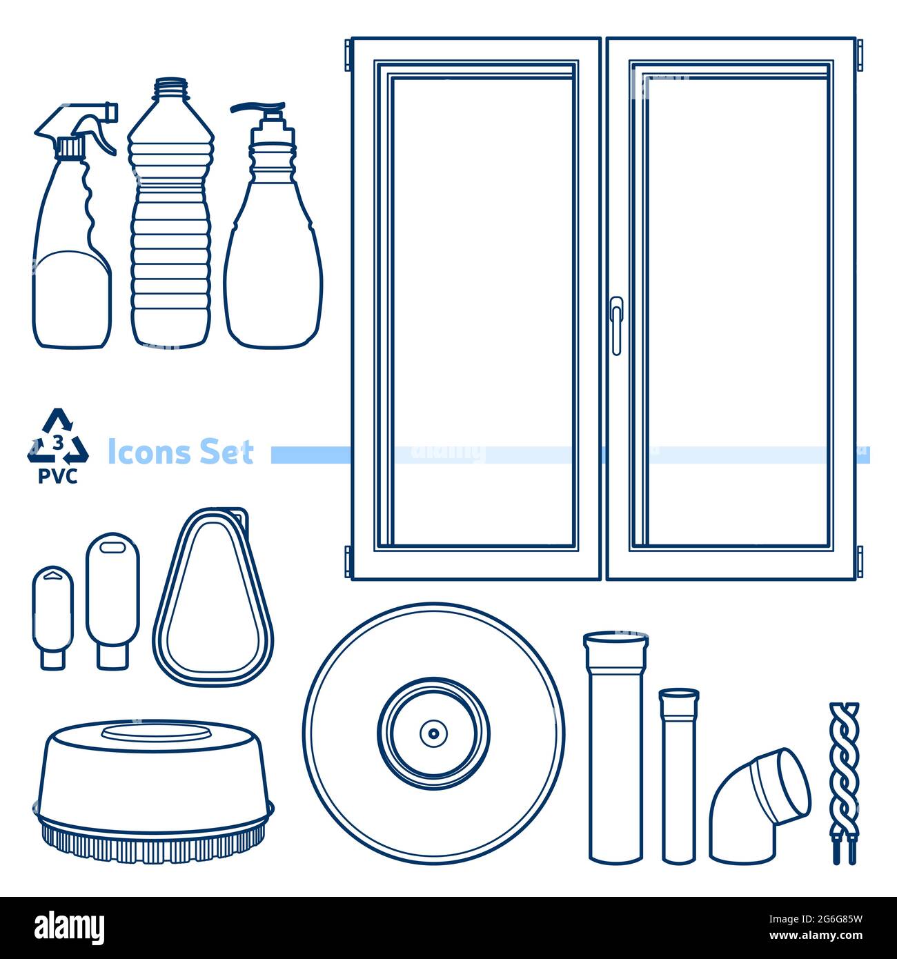 Recycling code 3 (PVC - Polyvinyl chloride) outline icons set. Empty clear plastic items on white background. Stock Vector