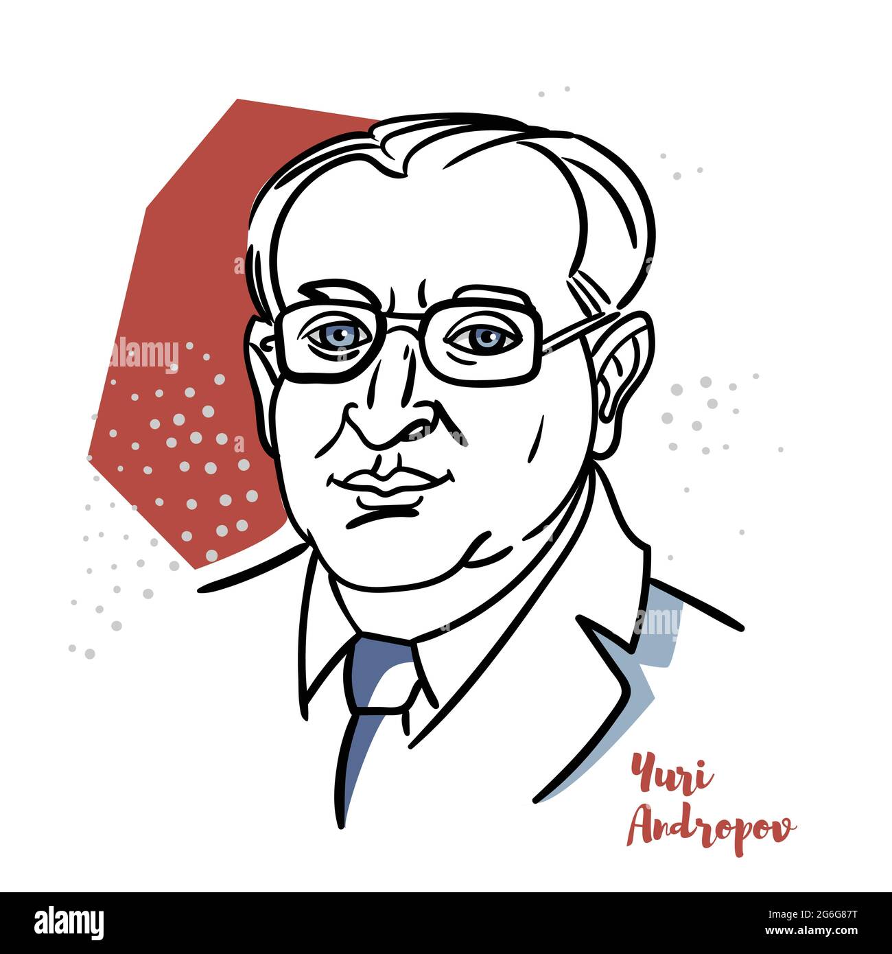 RUSSIA, MOSCOW - JUNE 16, 2019: Yuri Andropov flat colored vector portrait with black contours. Soviet politician and the fourth General Secretary of Stock Vector