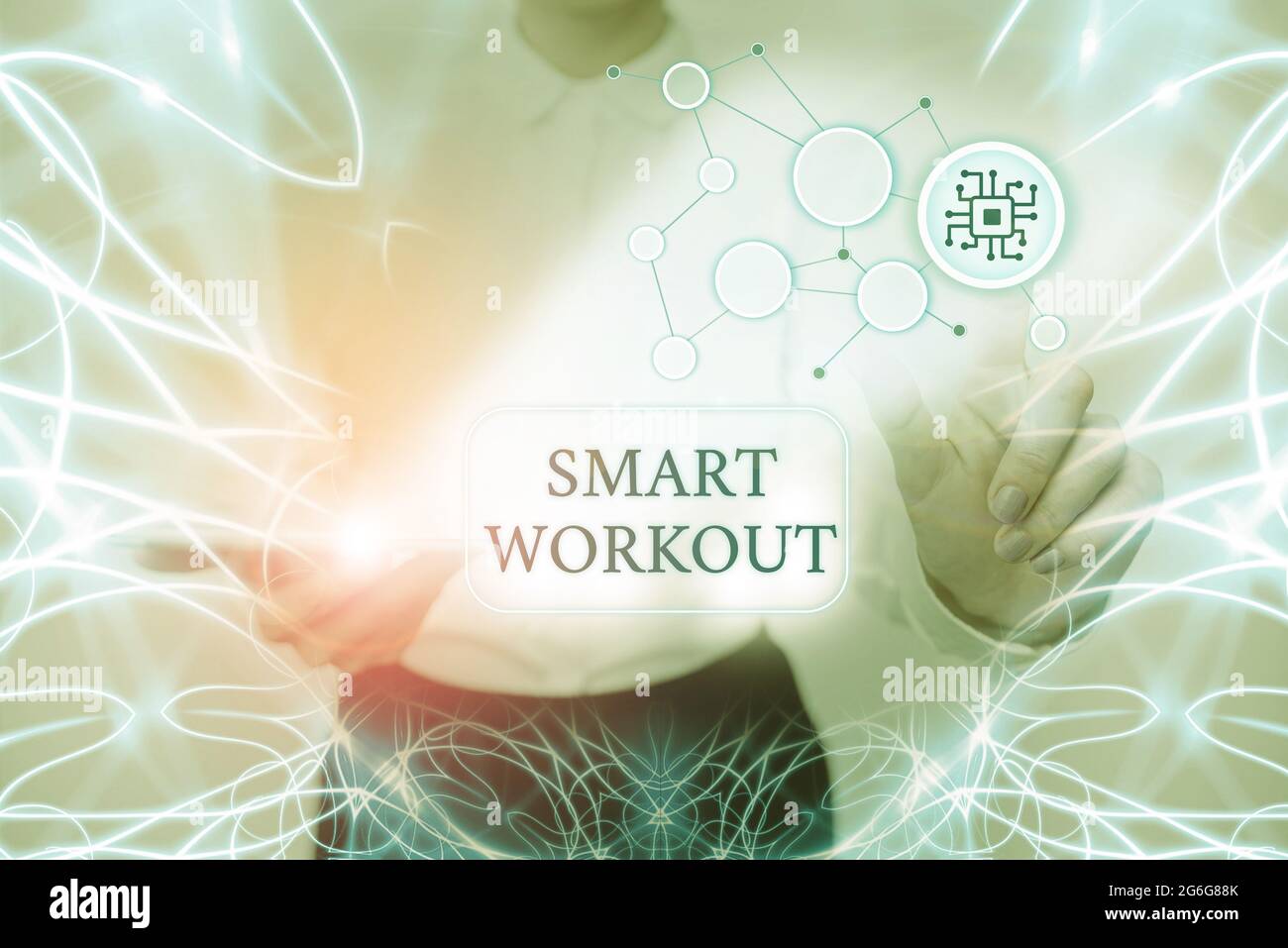 Conceptual caption Smart Workout. Word Written on properlydesigned exercise to maximize the muscle growth Lady Holding Tablet Pressing On Virtual Stock Photo