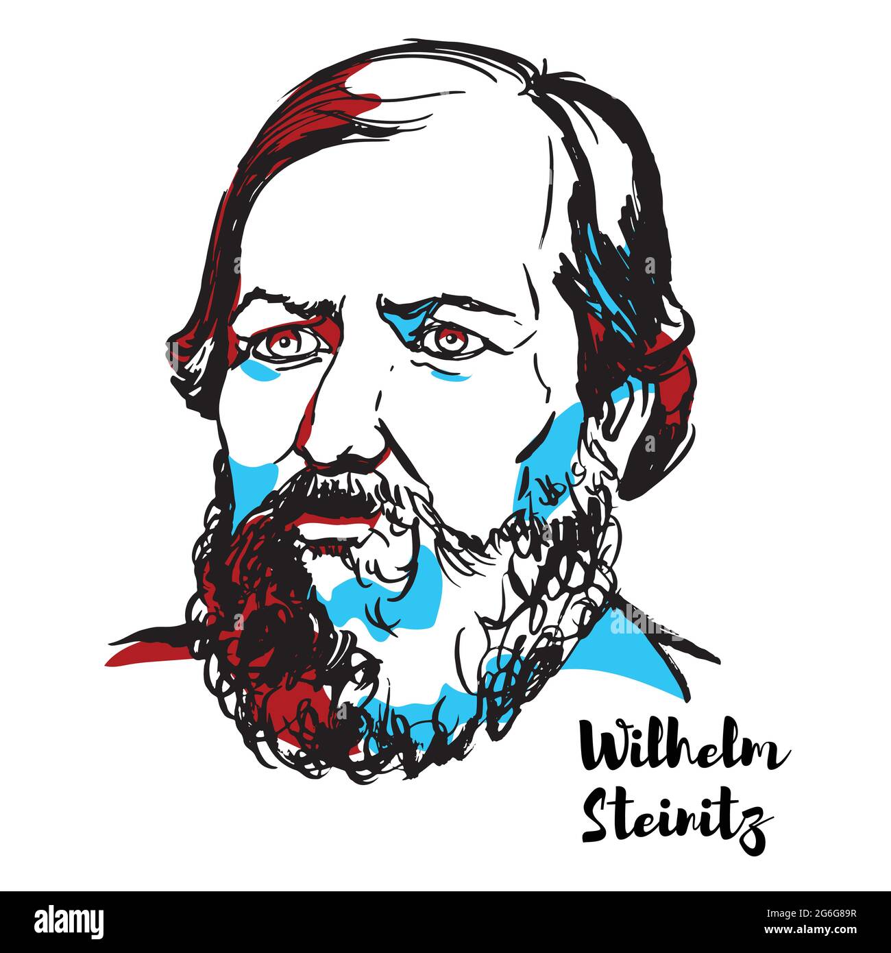 CHINA, CHENGHAI - DECEMBER 16, 2018: Wilhelm Steinitz engraved vector portrait with ink contours. American chess master, and the first undisputed Worl Stock Vector