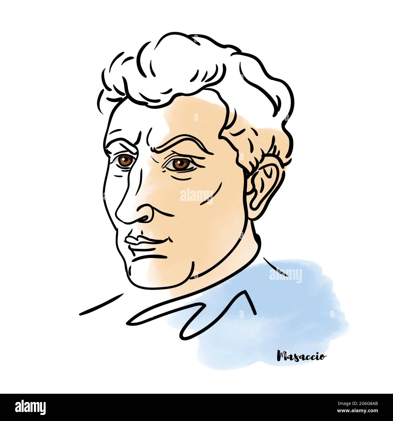 Famous artist Masaccio vector hand drawn watercolor portrait with ink contours.The first great Italian painter of the Quattrocento period of the Itali Stock Vector