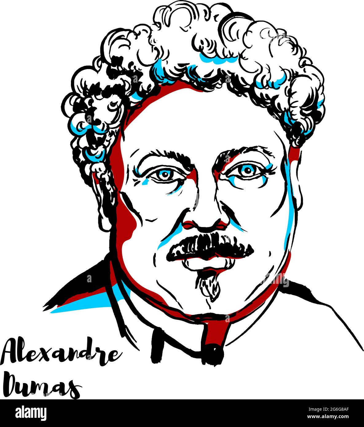 Alexandre Dumas engraved vector portrait with ink contours. Famous french writer, author of The Count of Monte Cristo & The Three Musketeers. Stock Vector