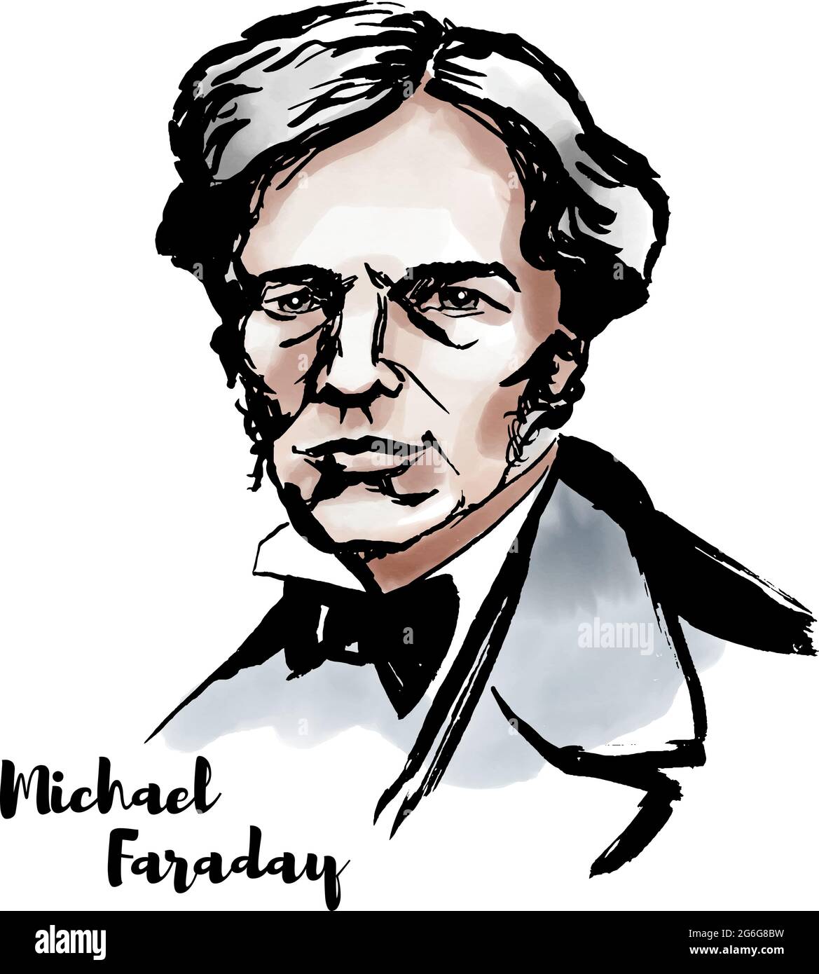 Michael Faraday watercolor vector portrait with ink contours. English scientist who contributed to the study of electromagnetism and electrochemistry. Stock Vector