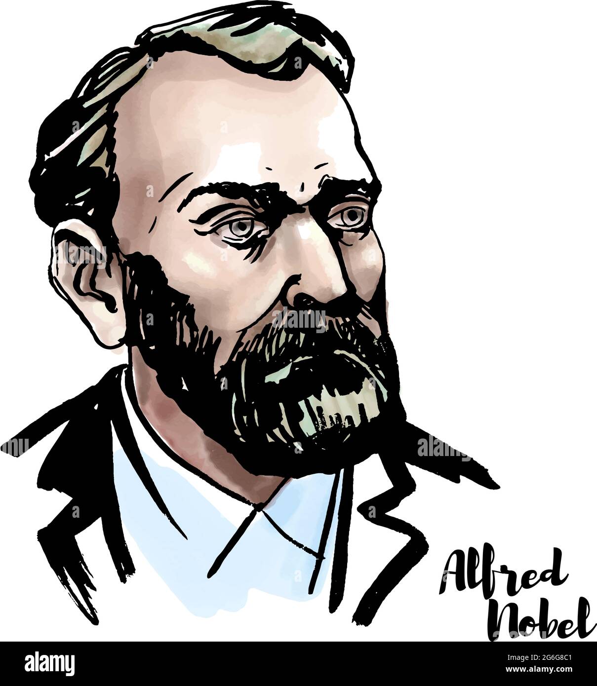 Alfred Nobel watercolor vector portrait with ink contours. Swedish chemist, engineer, inventor, businessman, and philanthropist. Stock Vector