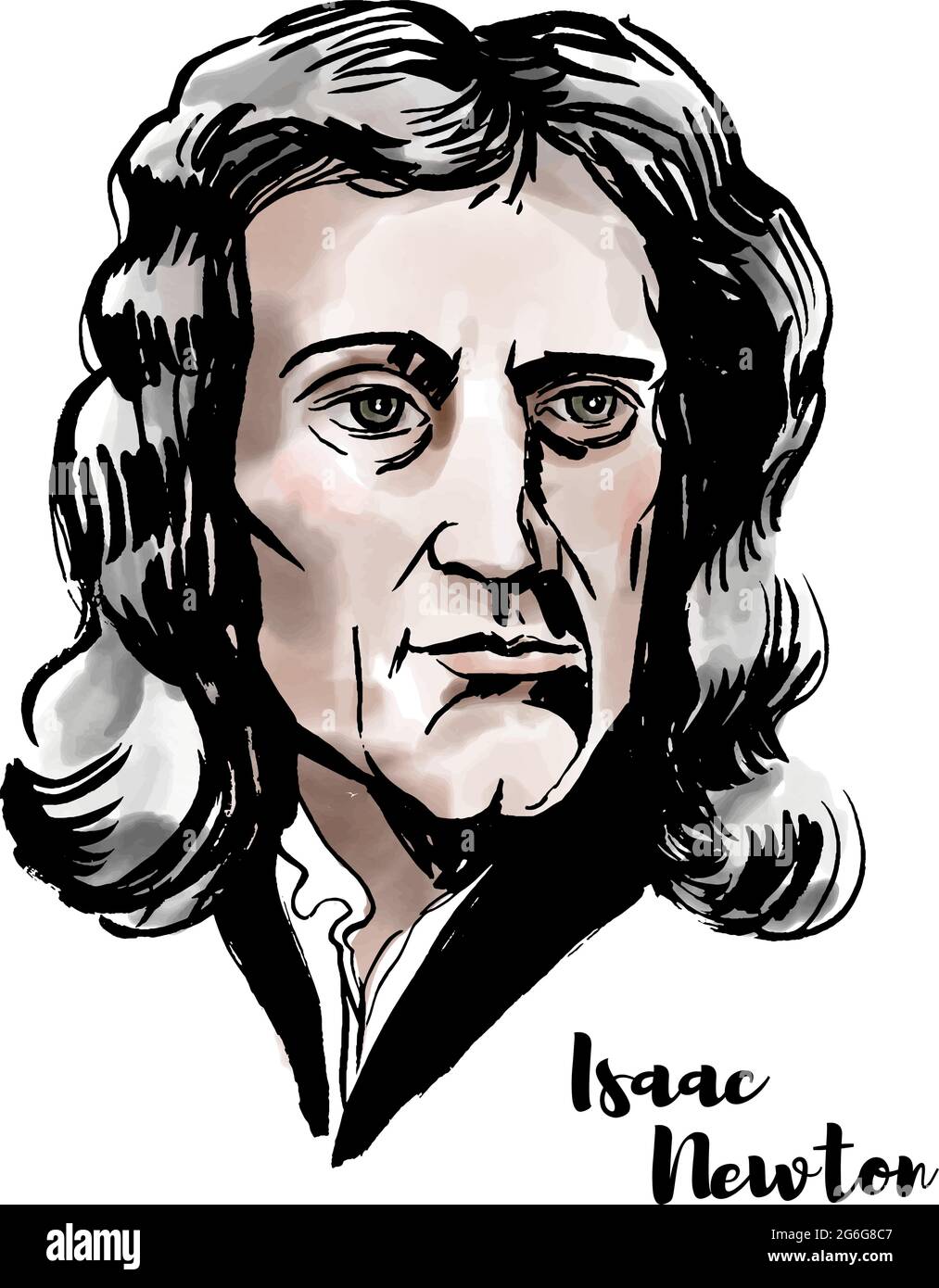 Isaac Newton watercolor vector portrait with ink contours. English mathematician, astronomer, theologian, author and physicist. Stock Vector