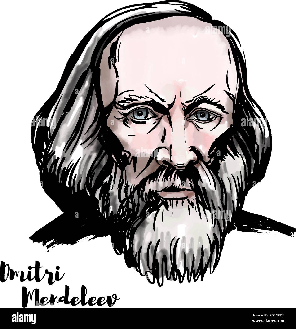 Dmitri Mendeleev watercolor vector portrait with ink contours. Russian chemist and inventor. Stock Vector