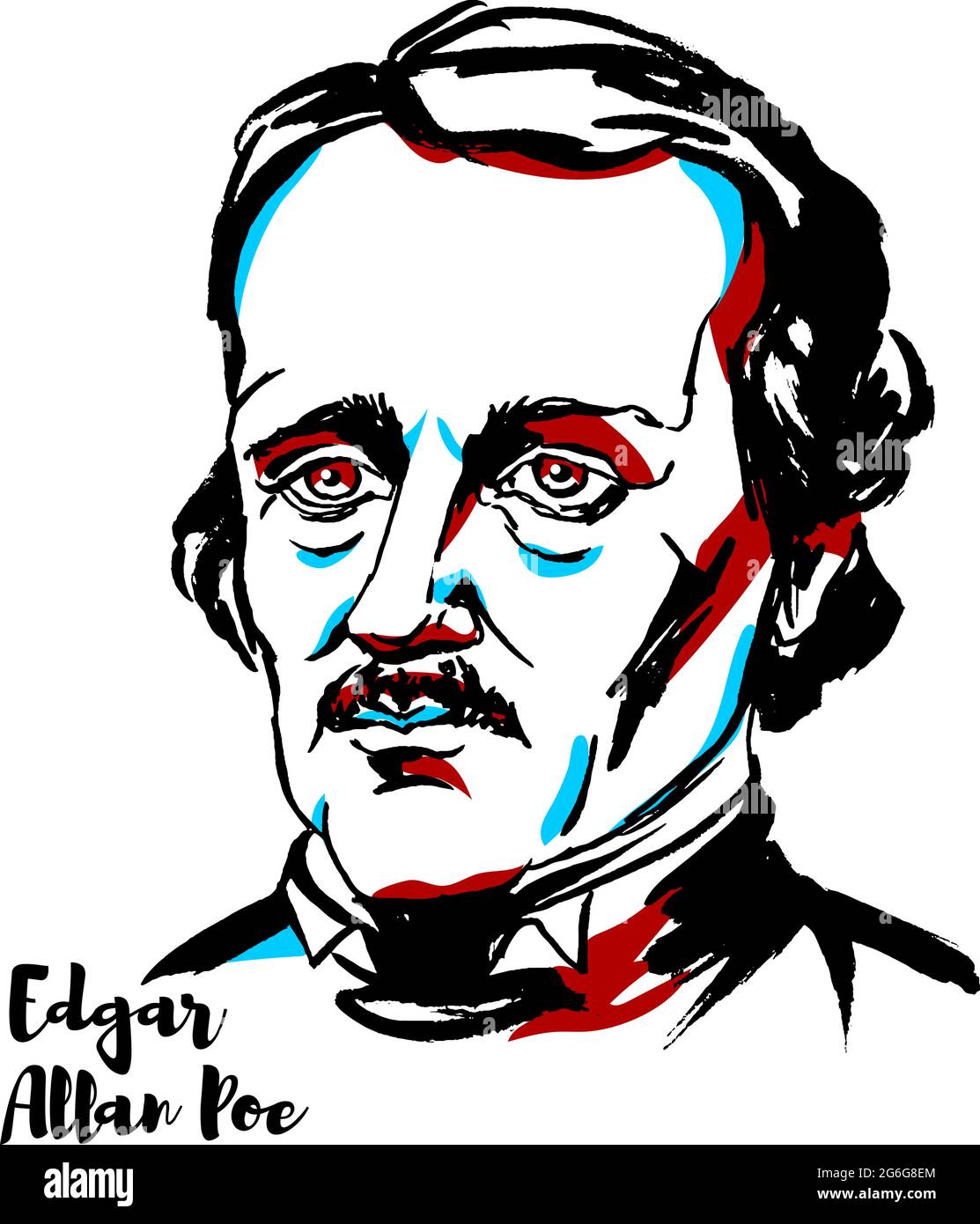 Edgar Allan Poe engraved vector portrait with ink contours. American writer, editor, and literary critic. Stock Vector