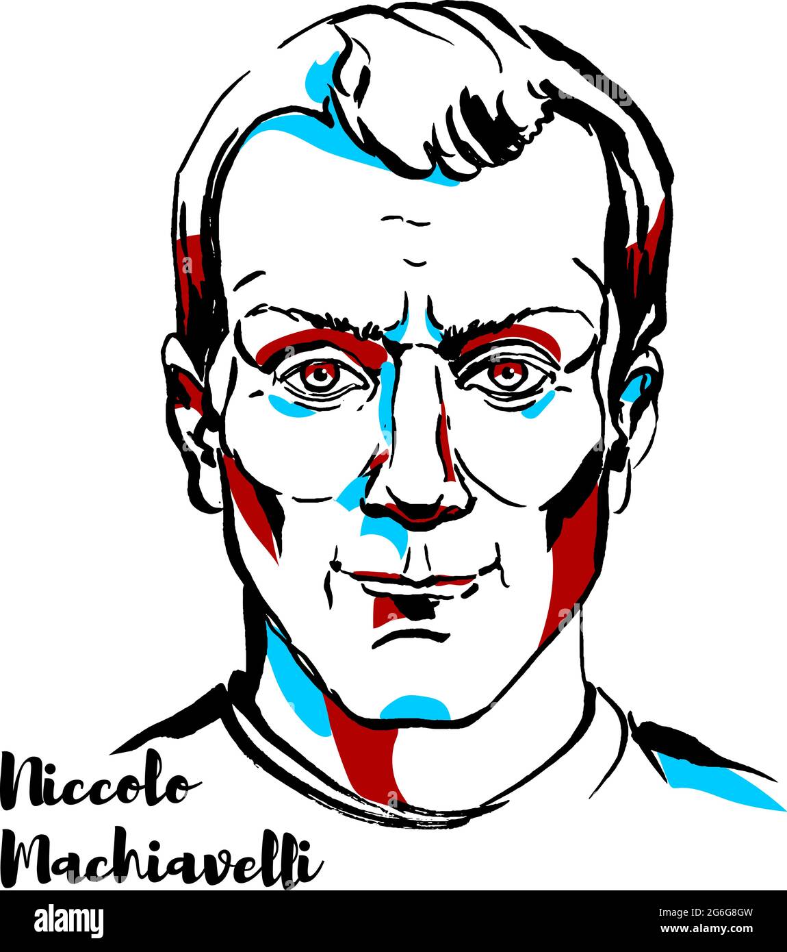 Niccolo Machiavelli engraved vector portrait with ink contours. Italian diplomat, politician, historian, philosopher, humanist, writer, playwright and Stock Vector