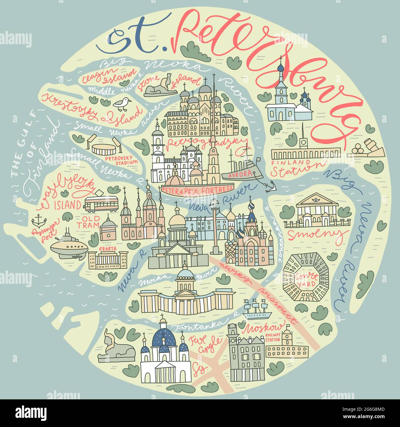 Saint Petersburt - Russia north capital map vector hand drawn illustration. Doodle architecture & map elements - rivers, roads and trees signed with l Stock Vector