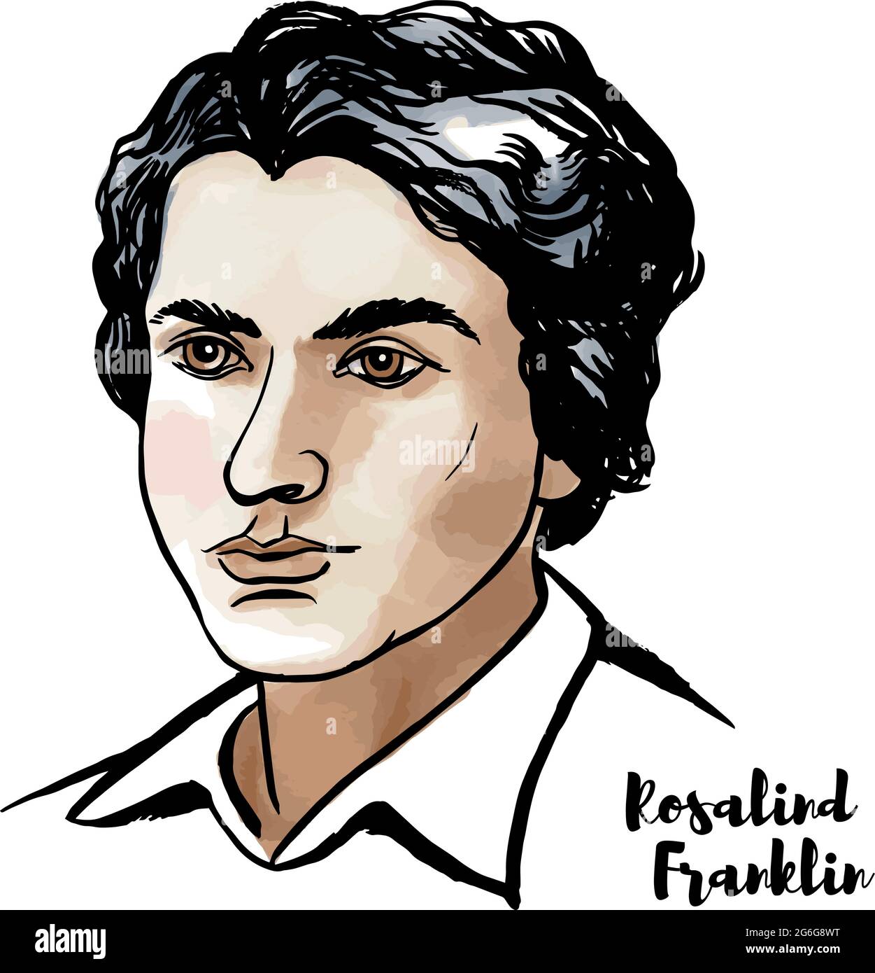 MOSCOW, RUSSIA - MARCH 13, 2018: Rosalind Franklin watercolor vector portrait with ink contours. English chemist and X-ray crystallographer. Stock Vector