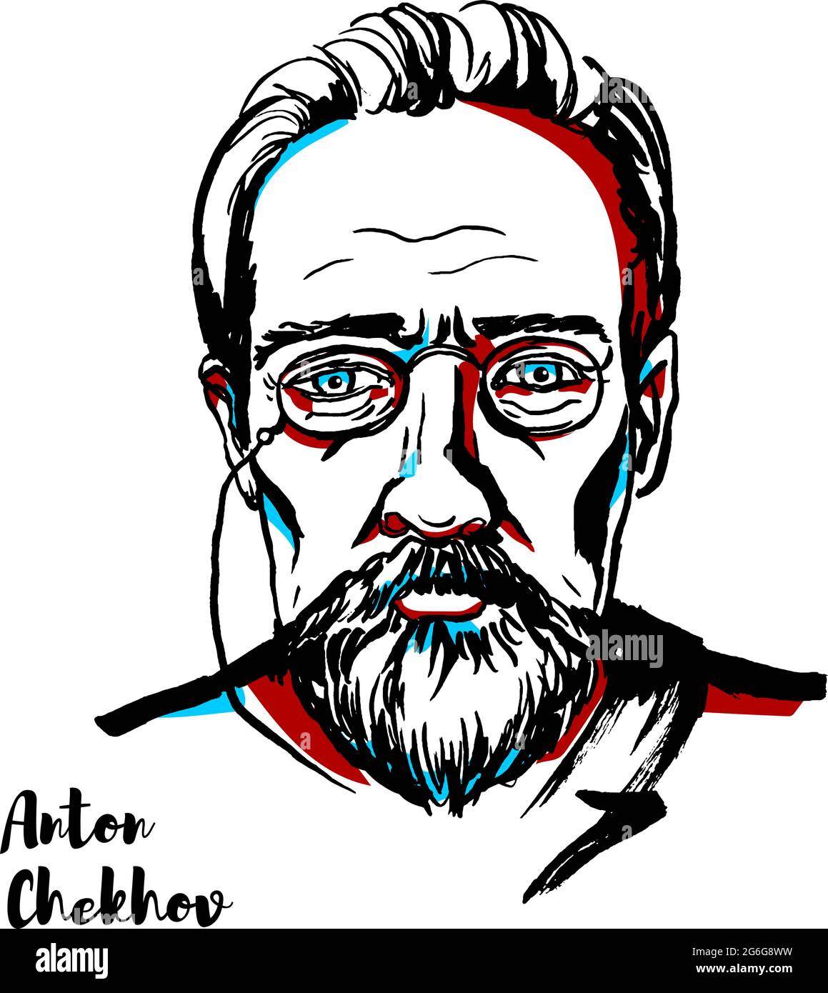 Anton Chekhov engraved vector portrait with ink contours. Russian playwright and short-story writer, who is considered to be among the greatest writer Stock Vector