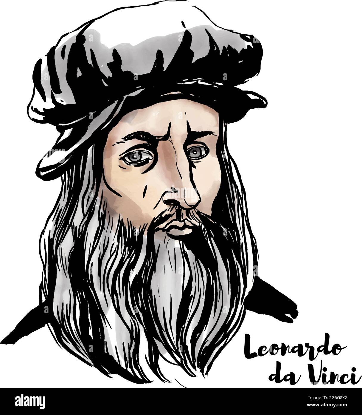 Leonardo da Vinci watercolor vector portrait with ink contours. Stock Vector