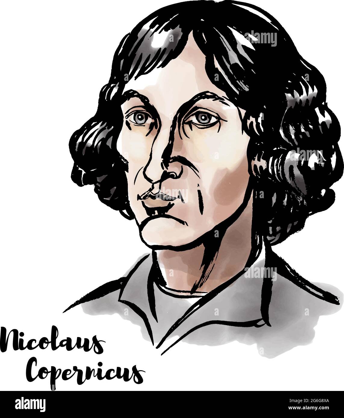 Nicolaus Copernicus watercolor vector portrait with ink contours. Renaissance-era mathematician and astronomer who formulated a model of the universe. Stock Vector