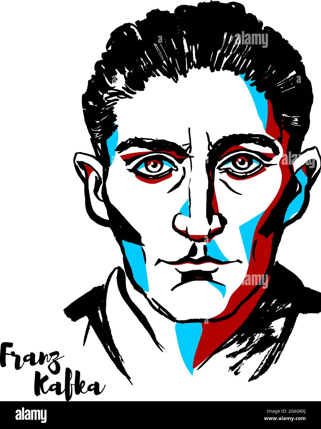 MOSCOW, RUSSIA - AUGUST 21, 2018: Franz Kafka engraved vector portrait with ink contours. German-speaking Bohemian Jewish novelist and short story wri Stock Vector