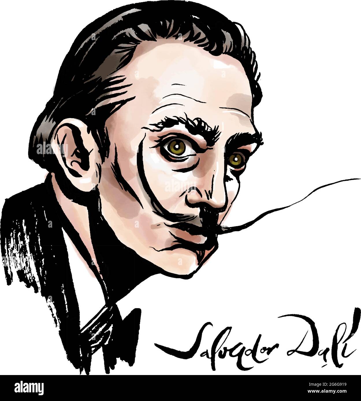 Vector hand drawn watercolor portrait with famous artist Salvador Dali and his signature. Stock Vector
