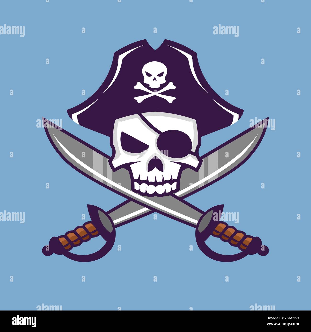 Skull with crossed sabers. Pirate concept art in cartoon style. Stock Vector