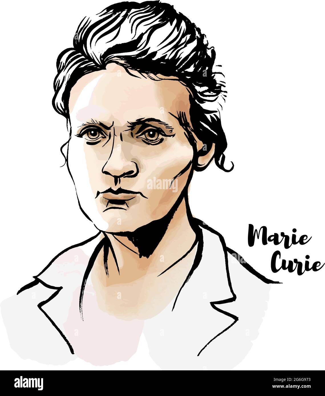 Marie Sklodowska Curie watercolor vector portrait with ink contours. The first woman to win a Nobel Prize. Stock Vector