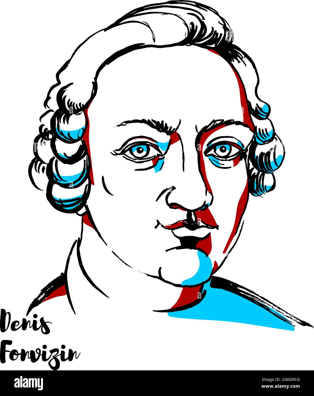 Denis Fonvizin engraved vector portrait with ink contours. Playwright of the Russian Enlightenment, whose plays are still staged today. His main works Stock Vector