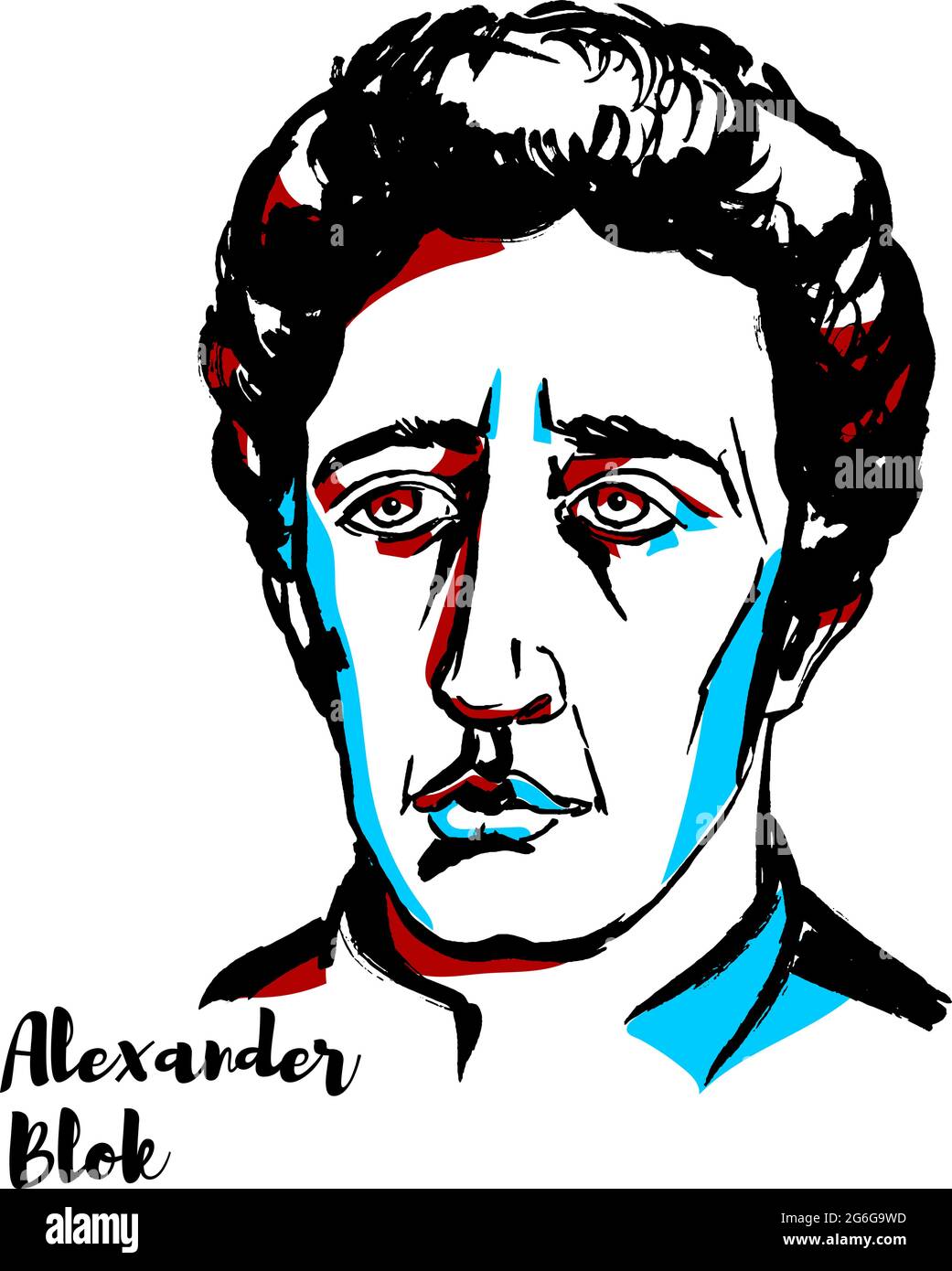 Alexander Blok engraved vector portrait with ink contours. Russian lyrical poet. Stock Vector