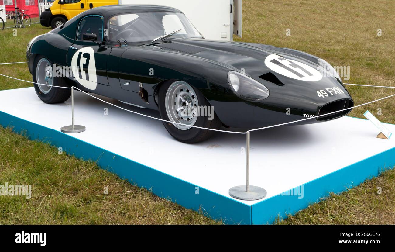 Three-quarters front view of an original 1963, Low Drag,  Lightweight, Jaguar E-Type, on display at the entrance to the 2021 London Classic Car Show Stock Photo