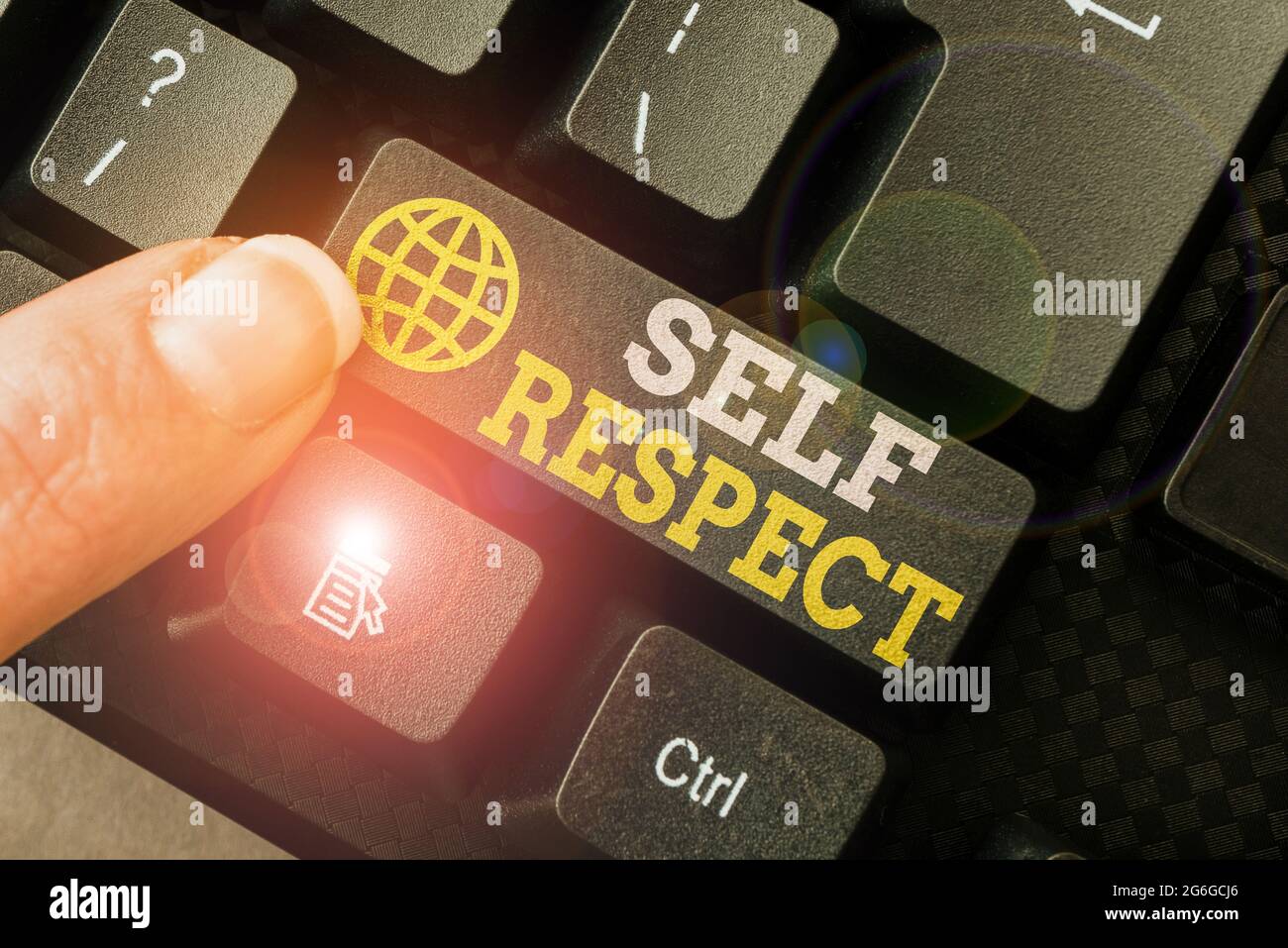 Hand writing sign Self Respect. Word for Pride and confidence in oneself Stand up for yourself Lady finger showing-pressing keyboard keys-buttons for Stock Photo