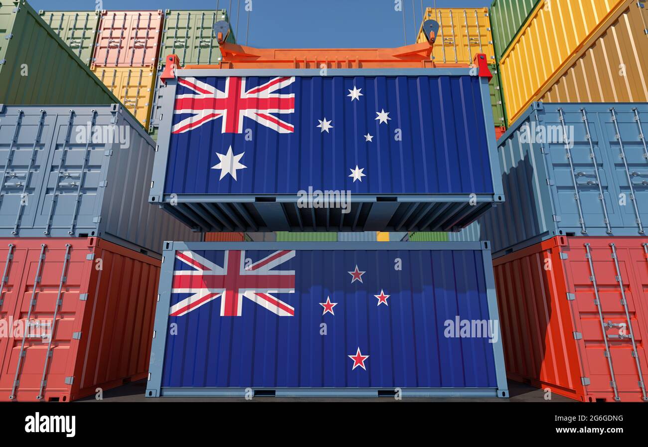 Container Terminal. Two cargo Container with Australia and New Zealand flags. 3D Rendering Stock