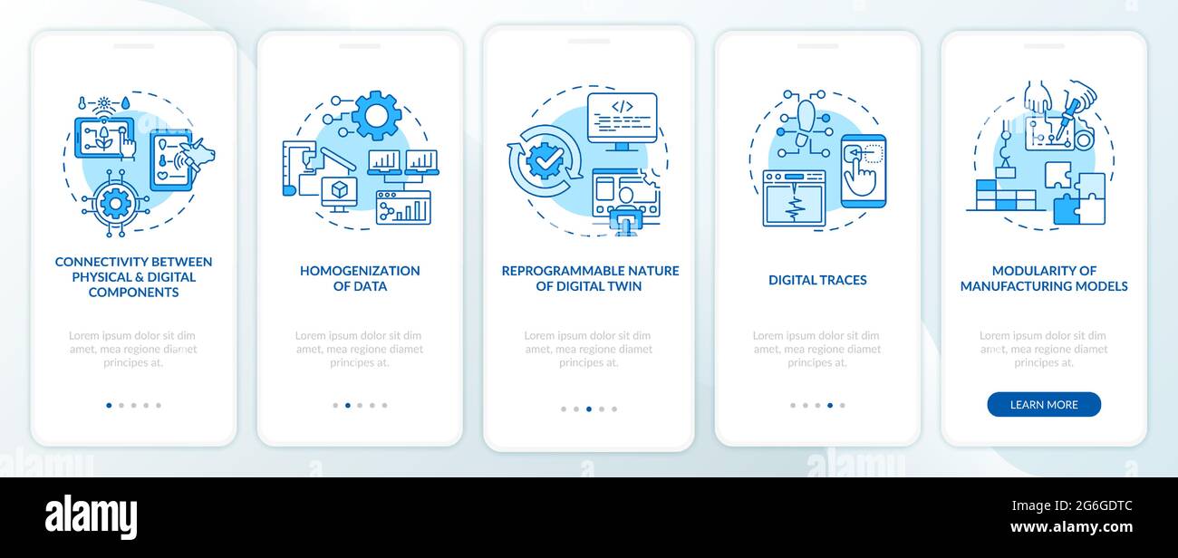 Digital twin characteristics onboarding mobile app page screen Stock Vector