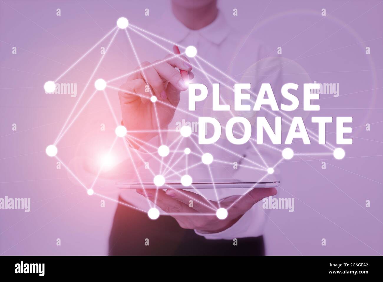Text sign showing Please Donate. Word for Supply Furnish Hand out Contribute Grant Aid to Charity Lady In Uniform Standing Holding Tablet Typing Stock Photo