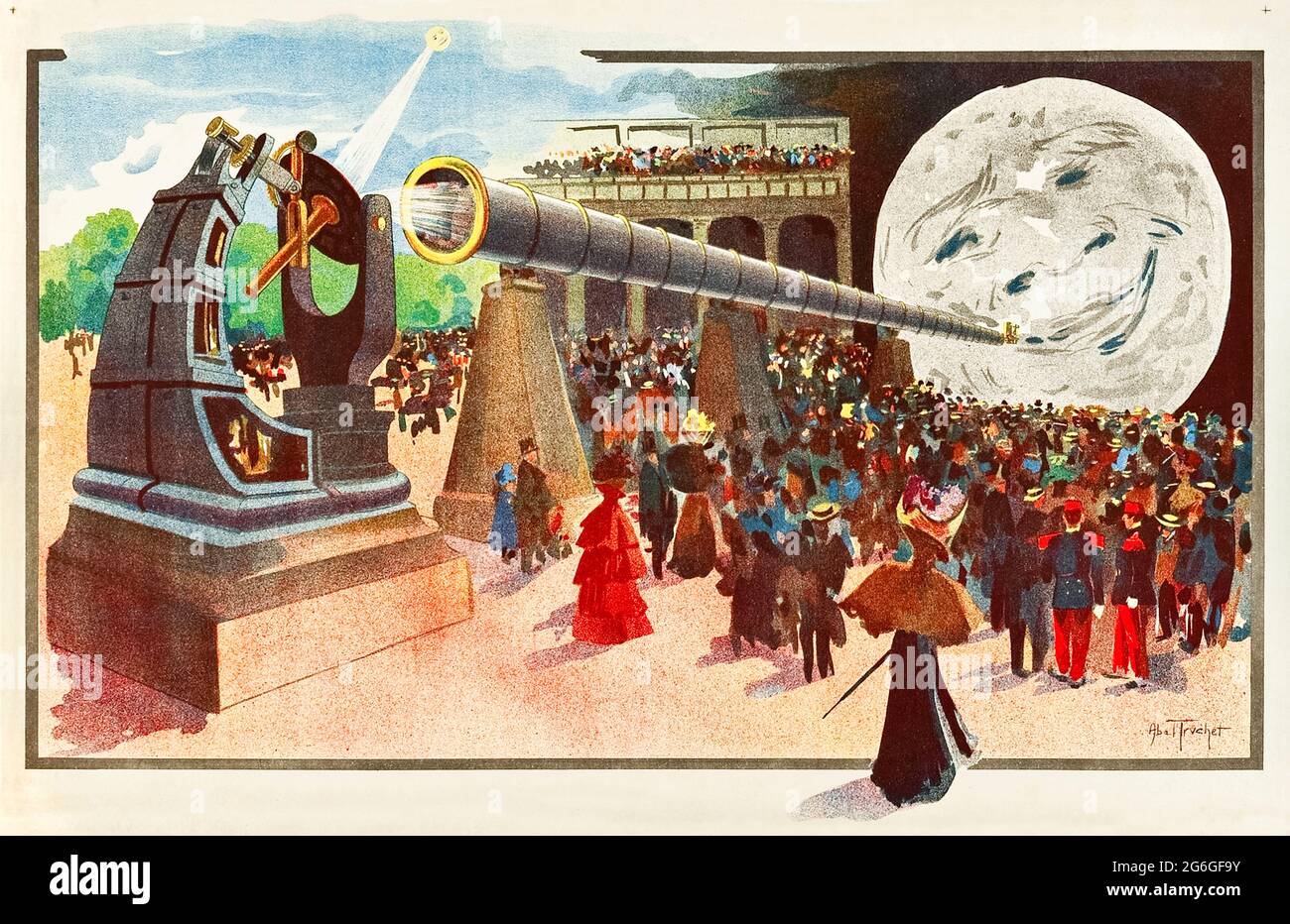 ‘La Lune à un mètre!’ (The Moon at One Meter!) 1900 poster showing the ‘Grande Lunette’ (the world’s largest refracting telescope) installed in the Palace of Optics at the 1900 Exposition Universelle in Paris with the image of the moon with a face projected on a screen inspired by Georges Méliès’ 1898 film of the same name. Artwork by Louis Abel-Truchet (1857-1918). Credit: Private Collection / AF Fotografie Stock Photo