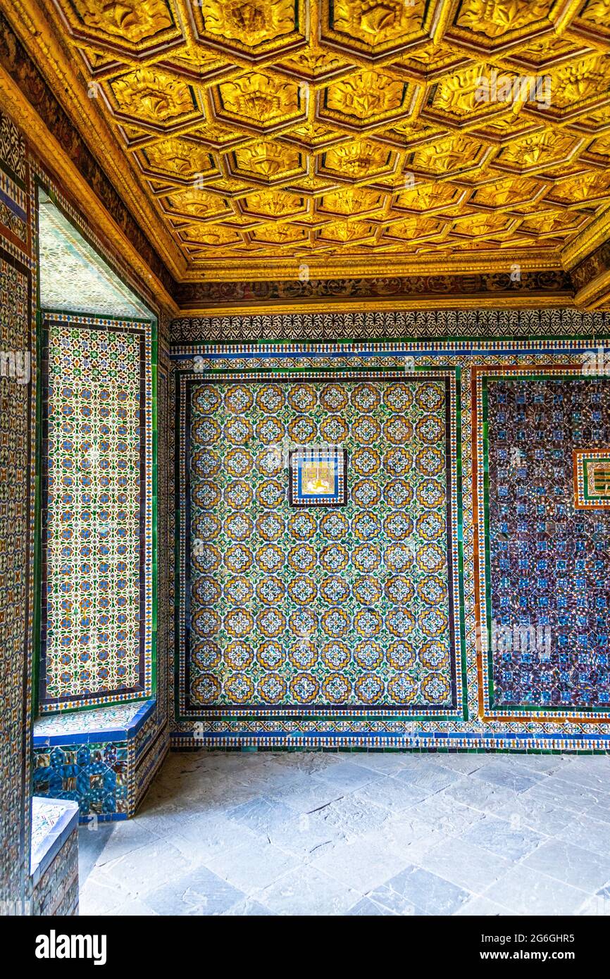 Staircase walls covered with azulejo tiles overlooking the staircase at Casa de Pilatos (Pilate's House), Seville, Andalusia, Spain Stock Photo