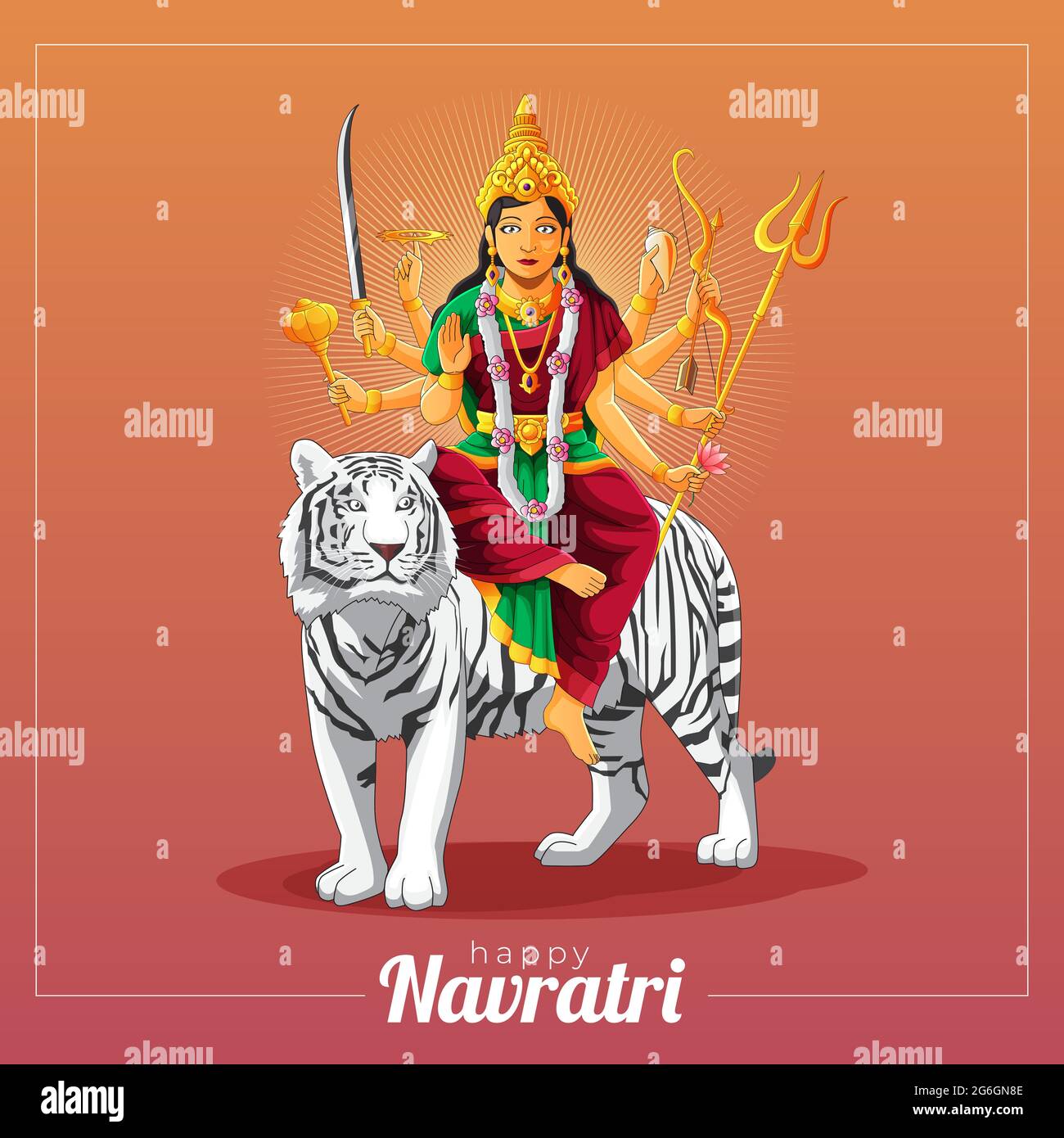 sharad navratri vector greeting card with Durga goddess and white tiger Stock Vector