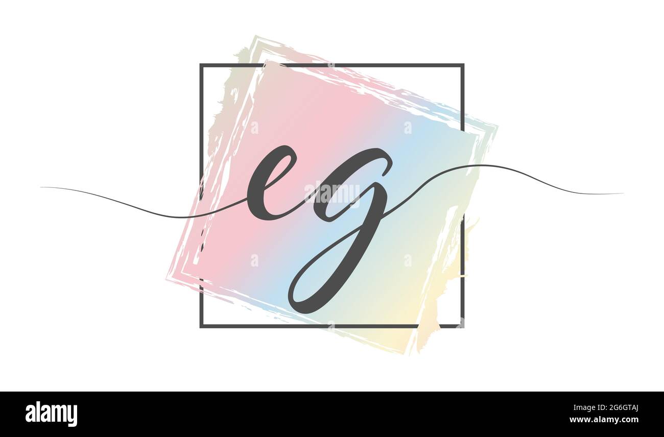 Calligraphic lowercase letters EG in a single line on a colored background in a frame. Vector illustration. Simple Style Stock Vector