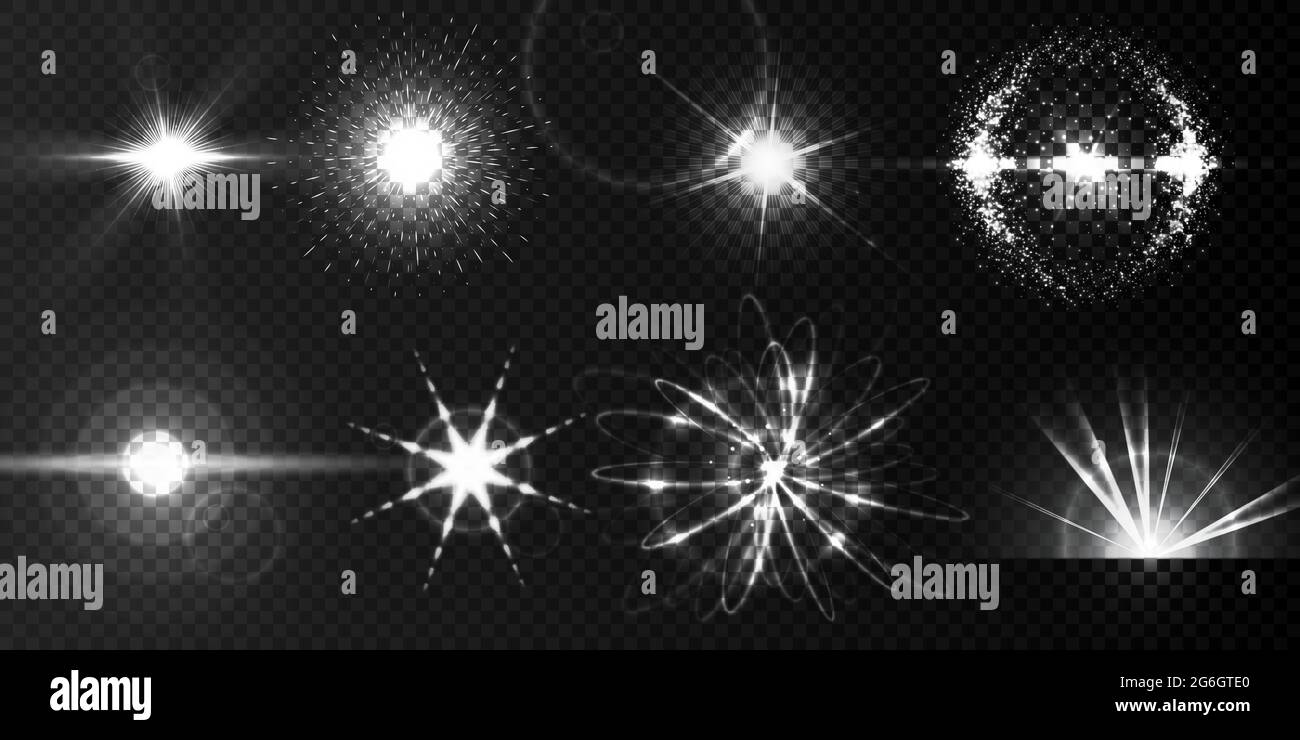 Collection of flashes of bright light on a black transparent background ...