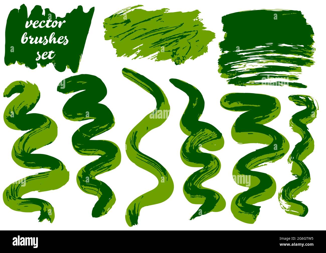 Vector illustration. Collection of green bicolor paint, ink brush strokes. Dirty elements Stock Vector