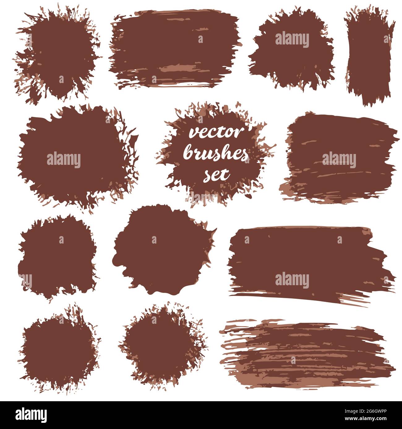 Collection of brown bicolor paint, ink brush strokes, brushes, blots