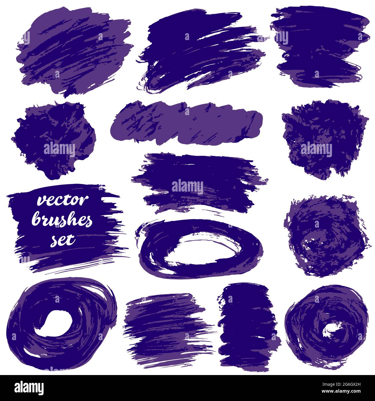 Collection of violet bicolor paint, ink brush strokes, brushes, blots, lines, grungy. Dirty artistic design elements Stock Vector