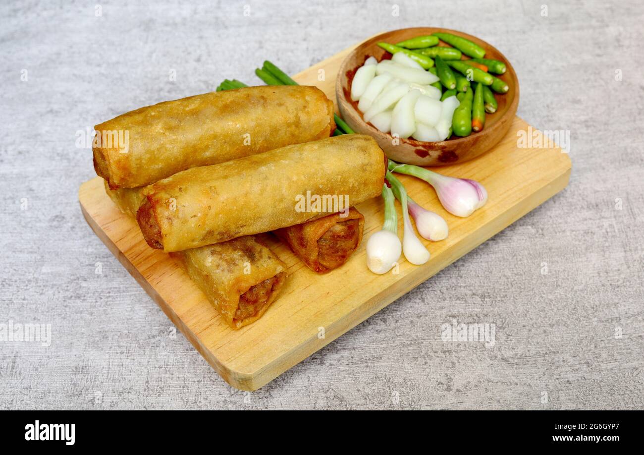 Delicious Lumpia or Lunpia, a traditional snack from Semarang, Central Java, Indonesia. Stock Photo